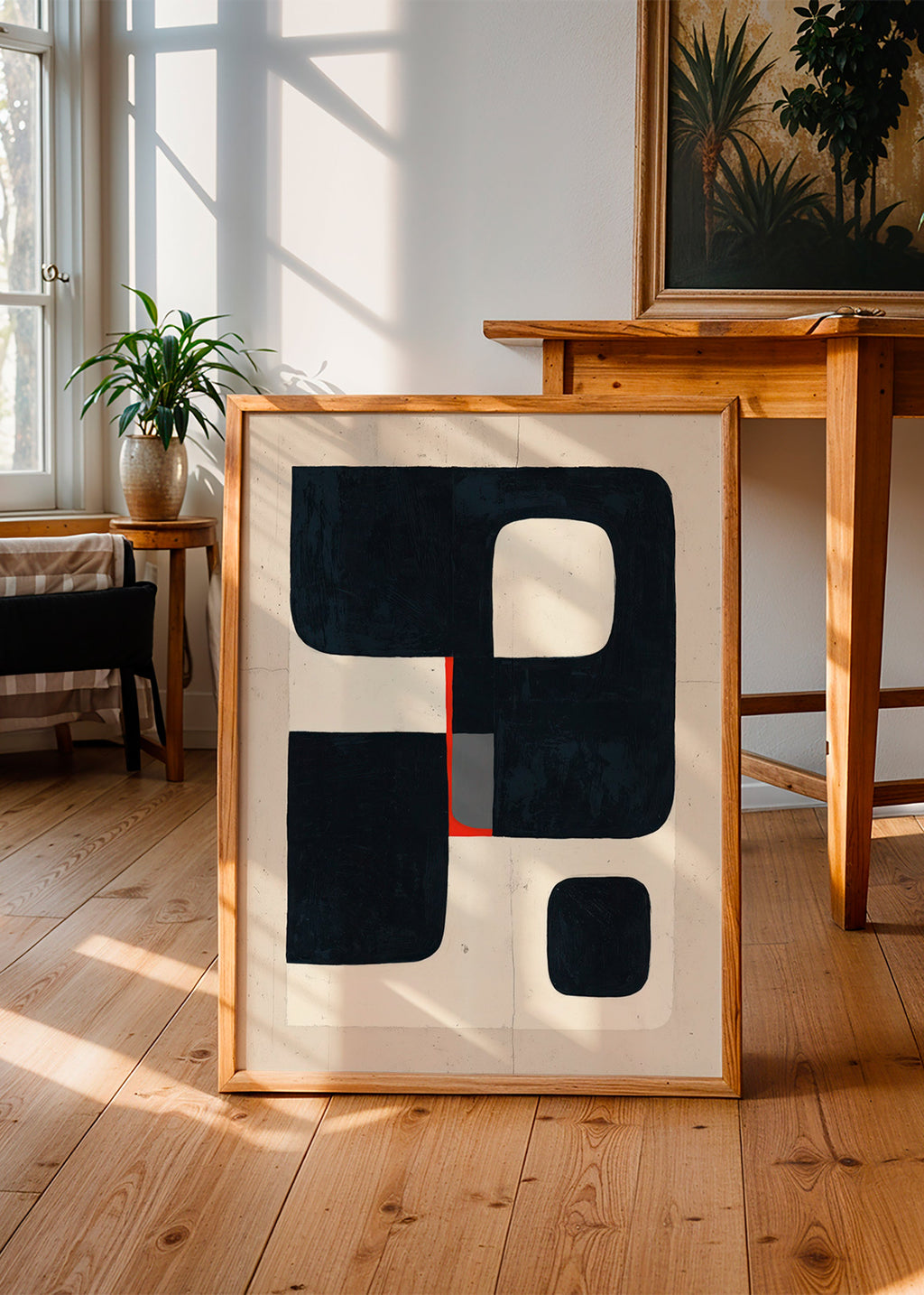 Cuadro geométrico con bloques negros y detalle rojo – Product1