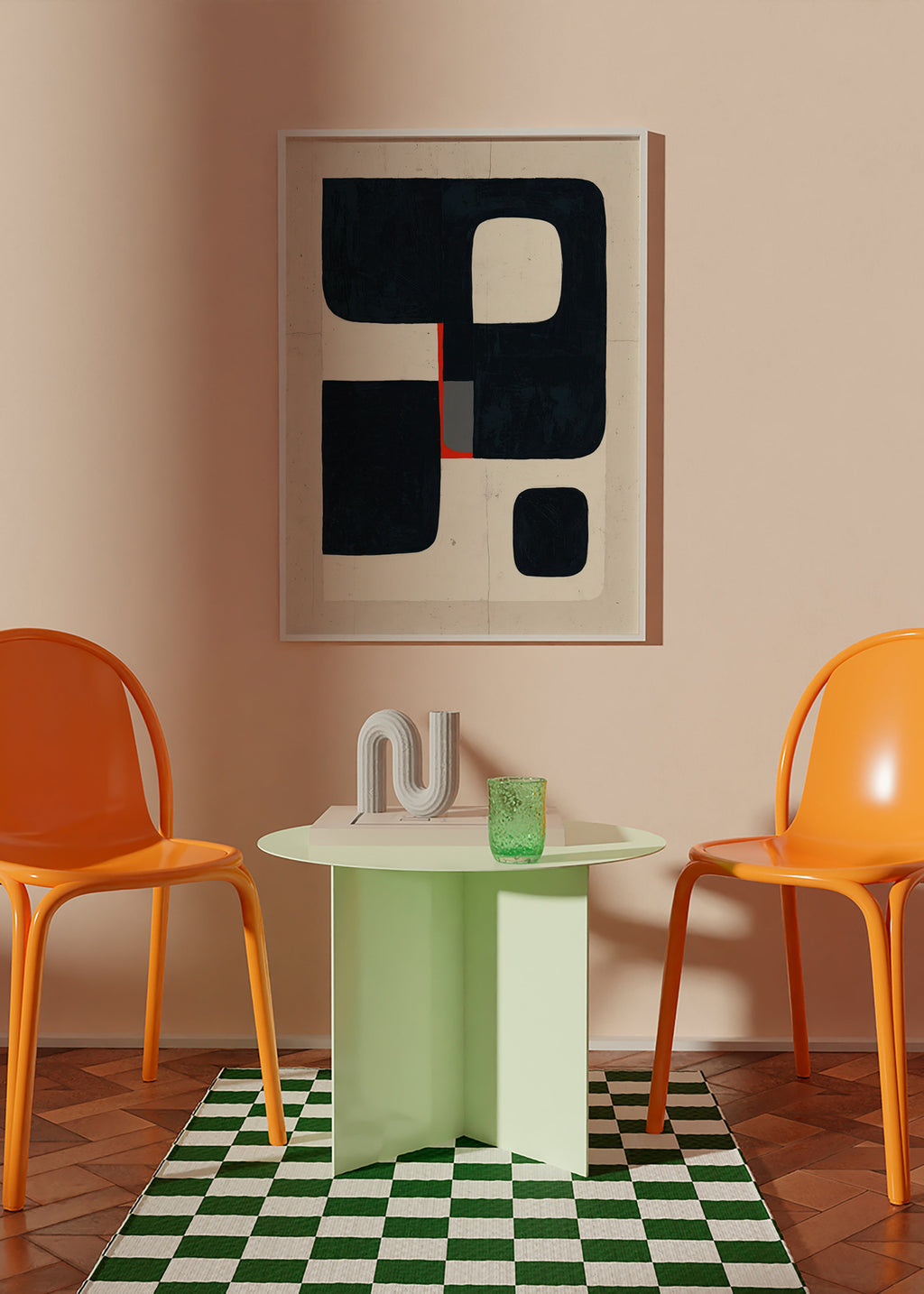 Cuadro geométrico con bloques negros y detalle rojo – Product2