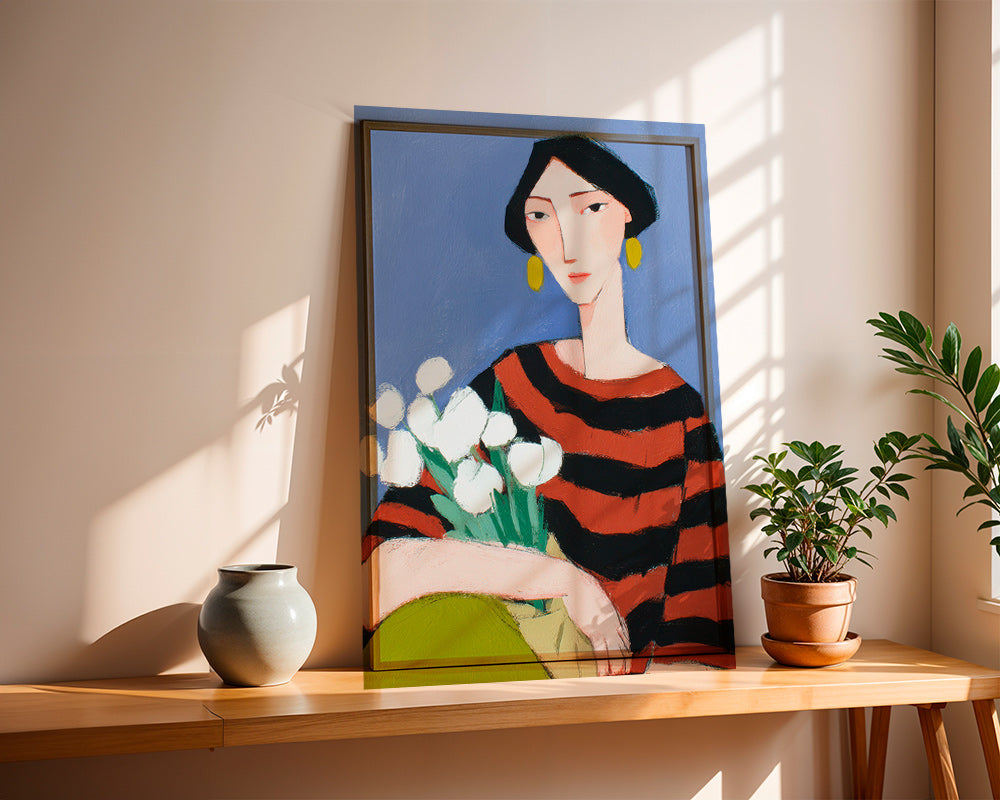 Ilustración de mujer con tulipanes blancos – Product3