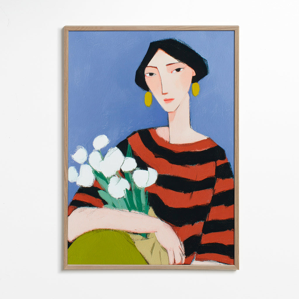 Ilustración de mujer con tulipanes blancos – Oak Frame