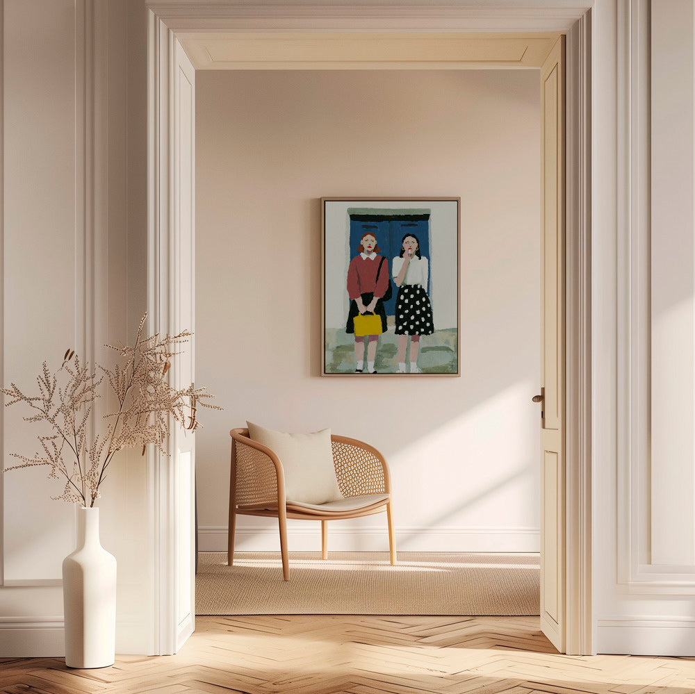 Ilustración de dos figuras frente a puerta azul – Canvas2