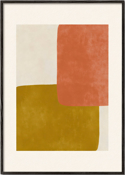 Cuadro abstracto con bloques terracota y mostaza – Black Frame
