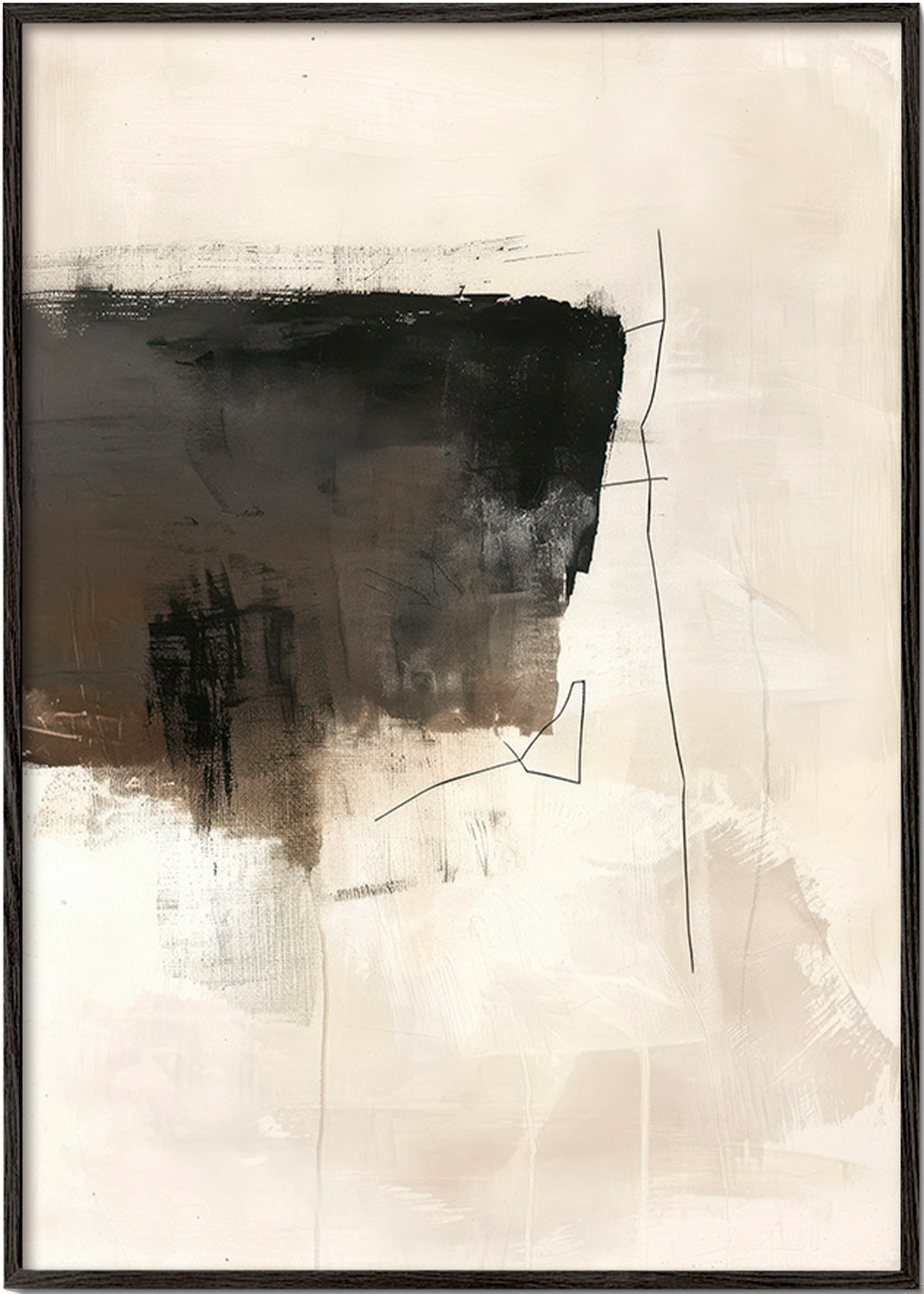 Cuadro abstracto con trazo oscuro sobre fondo beige – Black Frame