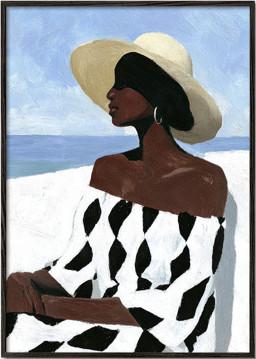 Ilustración de mujer junto al mar con vestido geométrico – Black Frame