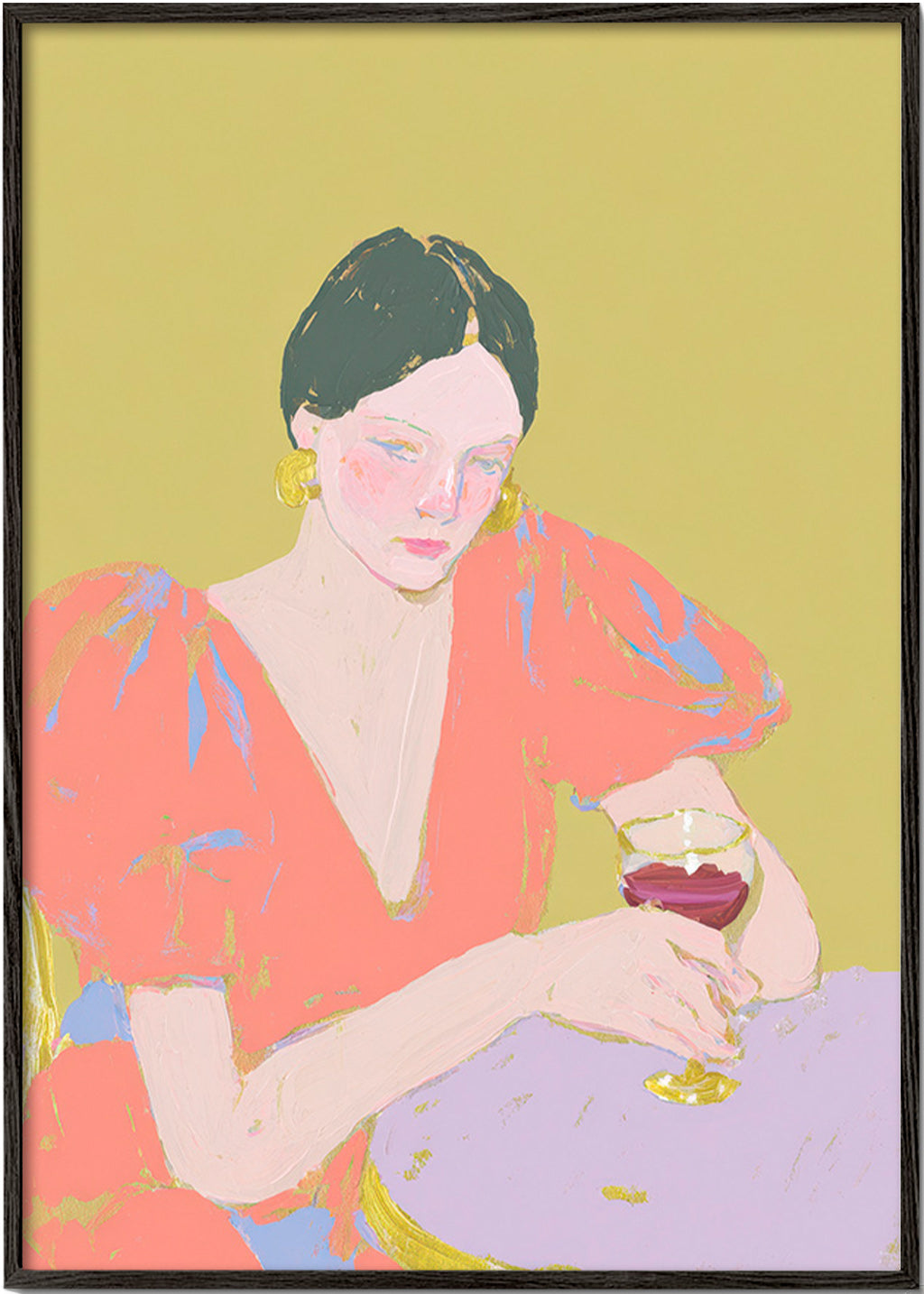 Cuadro de cocina: mujer con copa en tonos pastel – Black Frame