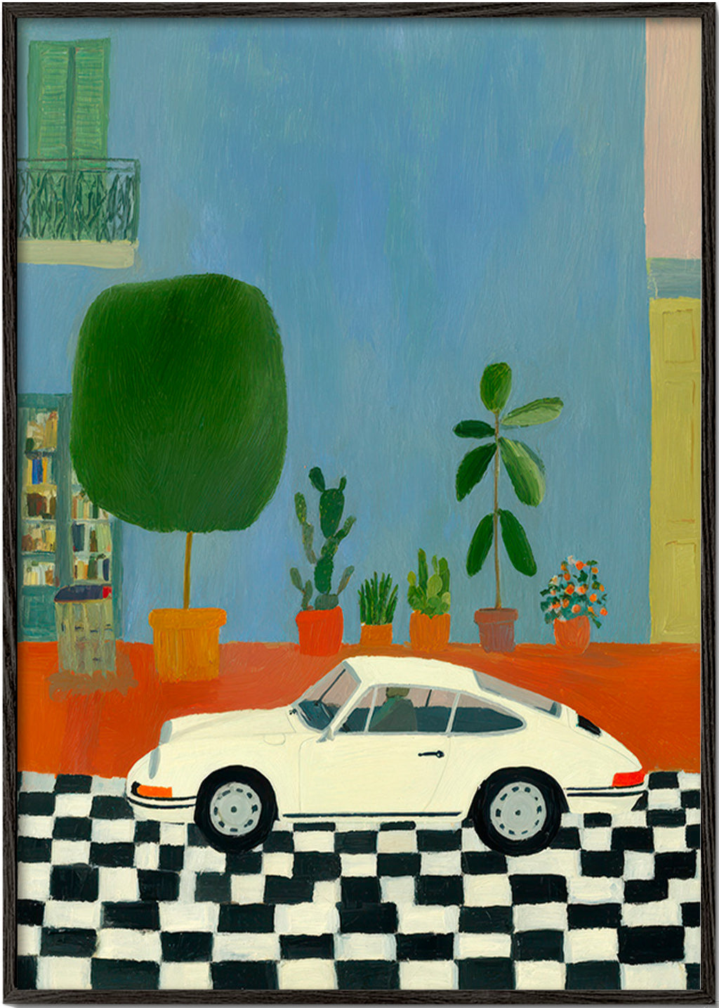 Ilustración con coche clásico y plantas de interior – Black Frame