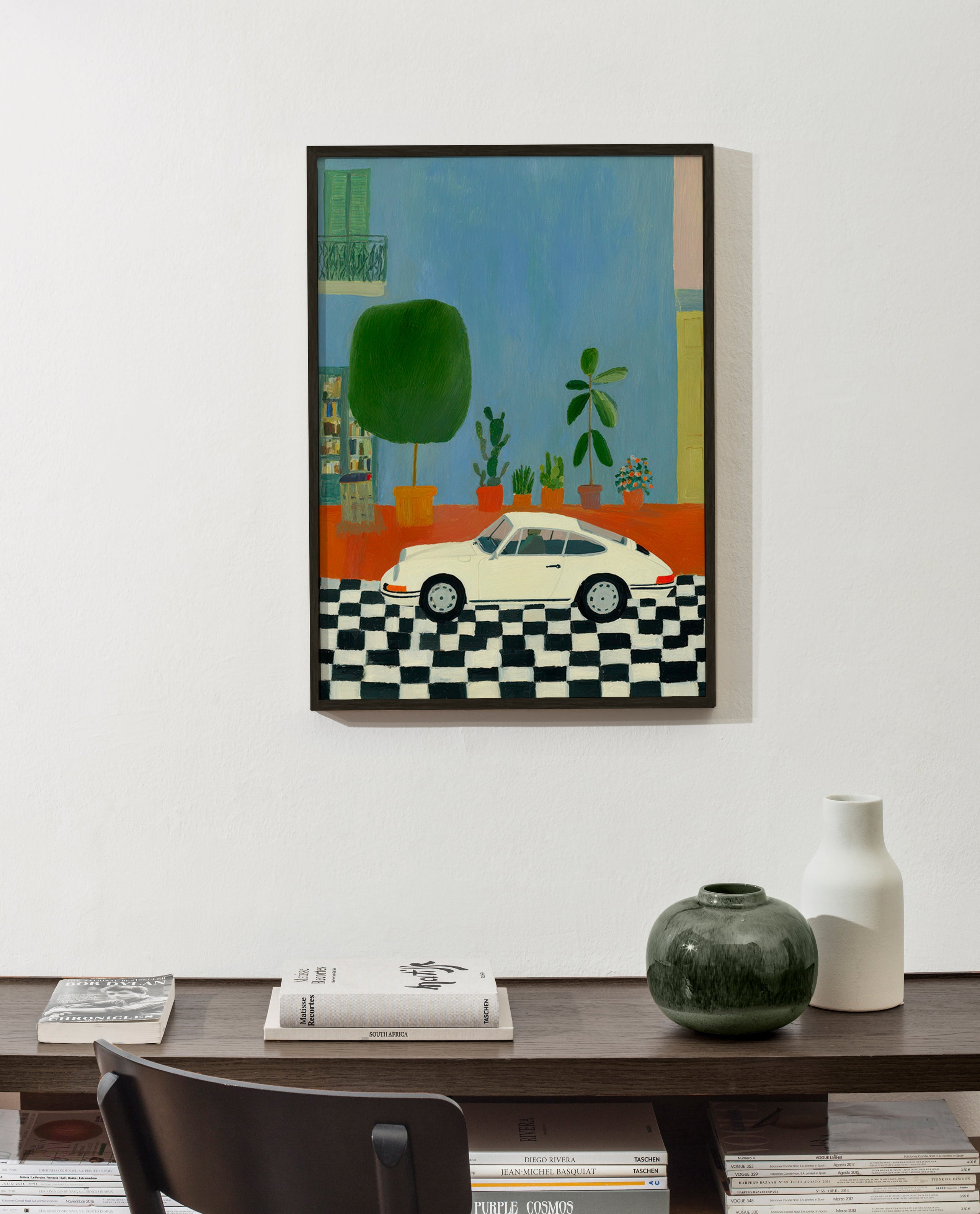 Ilustración con coche clásico y plantas de interior – Product2