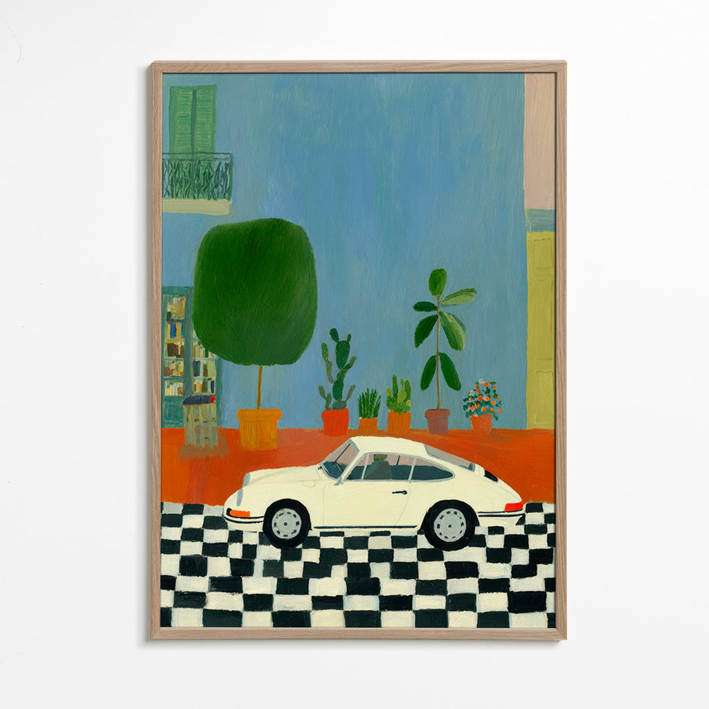 Ilustración con coche clásico y plantas de interior – Oak Frame
