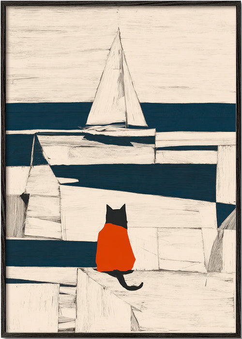 Cuadro gato en el puerto minimalista – Black Frame