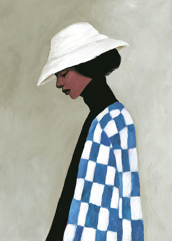 Ilustración perfil femenino con sombrero y cuadros