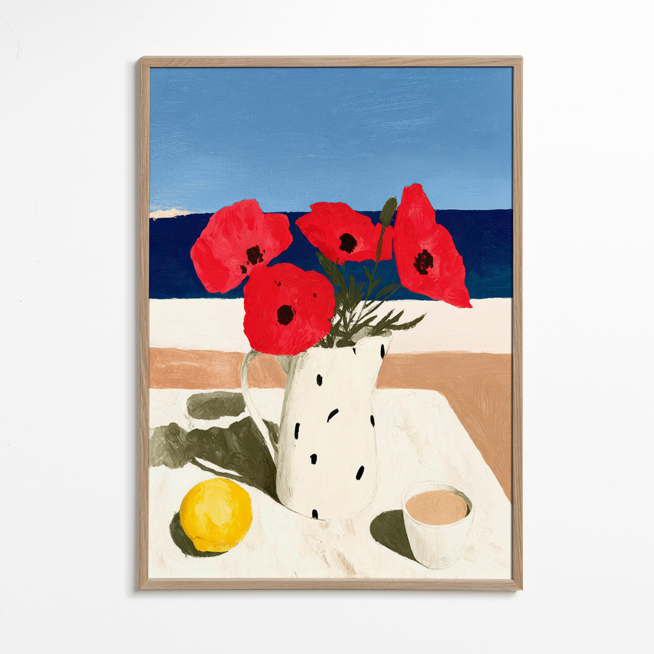 Lámina botánica con amapolas junto al mar – Oak Frame