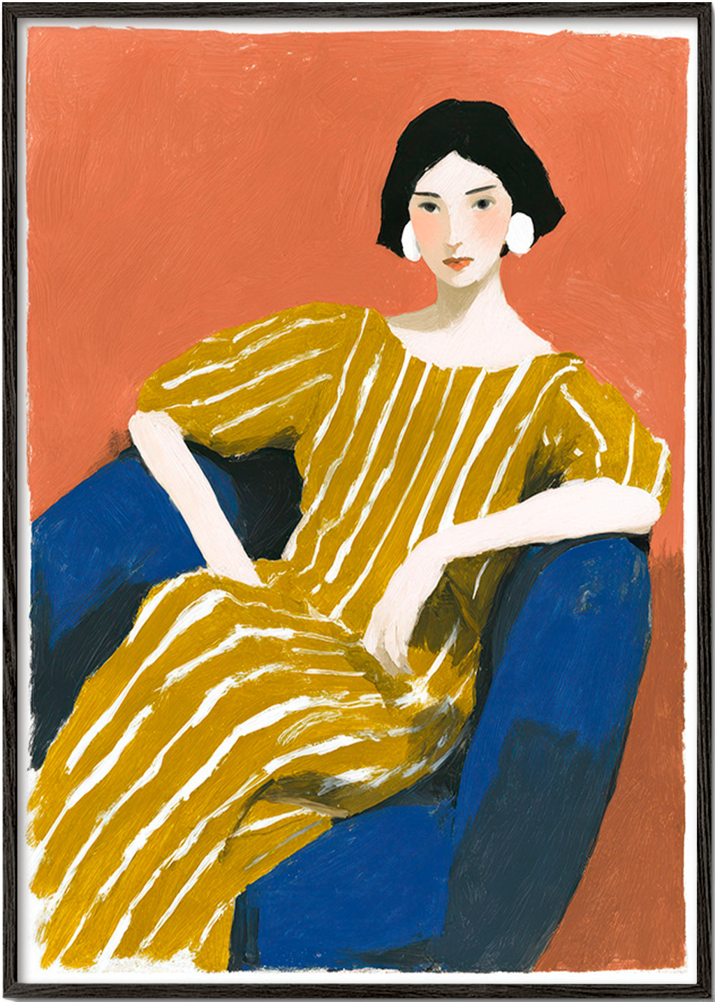 Ilustración: mujer con vestido dorado a rayas – Black Frame