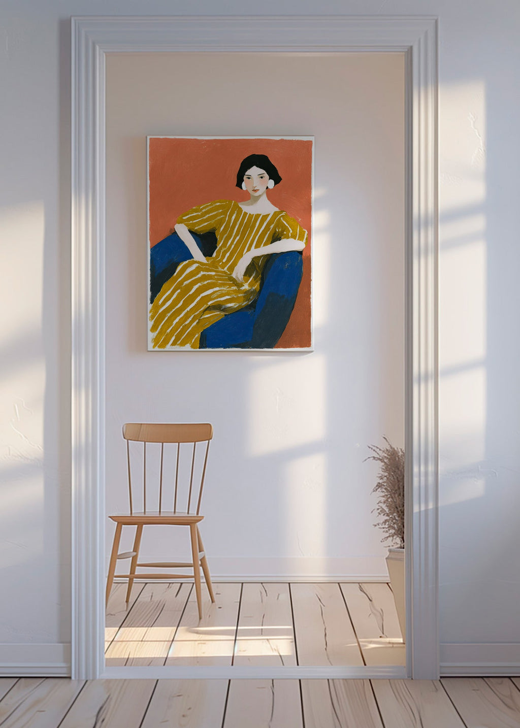 Ilustración: mujer con vestido dorado a rayas – Canvas