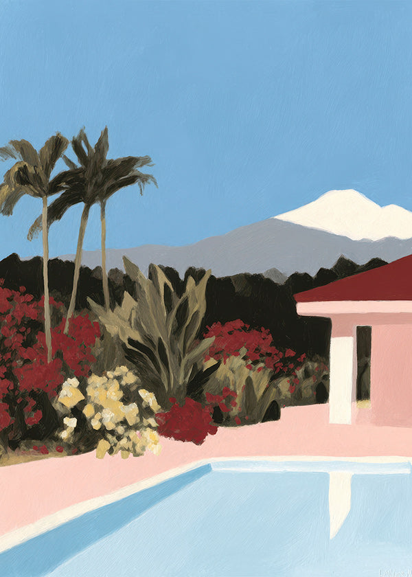 Lámina botánica con piscina y palmeras