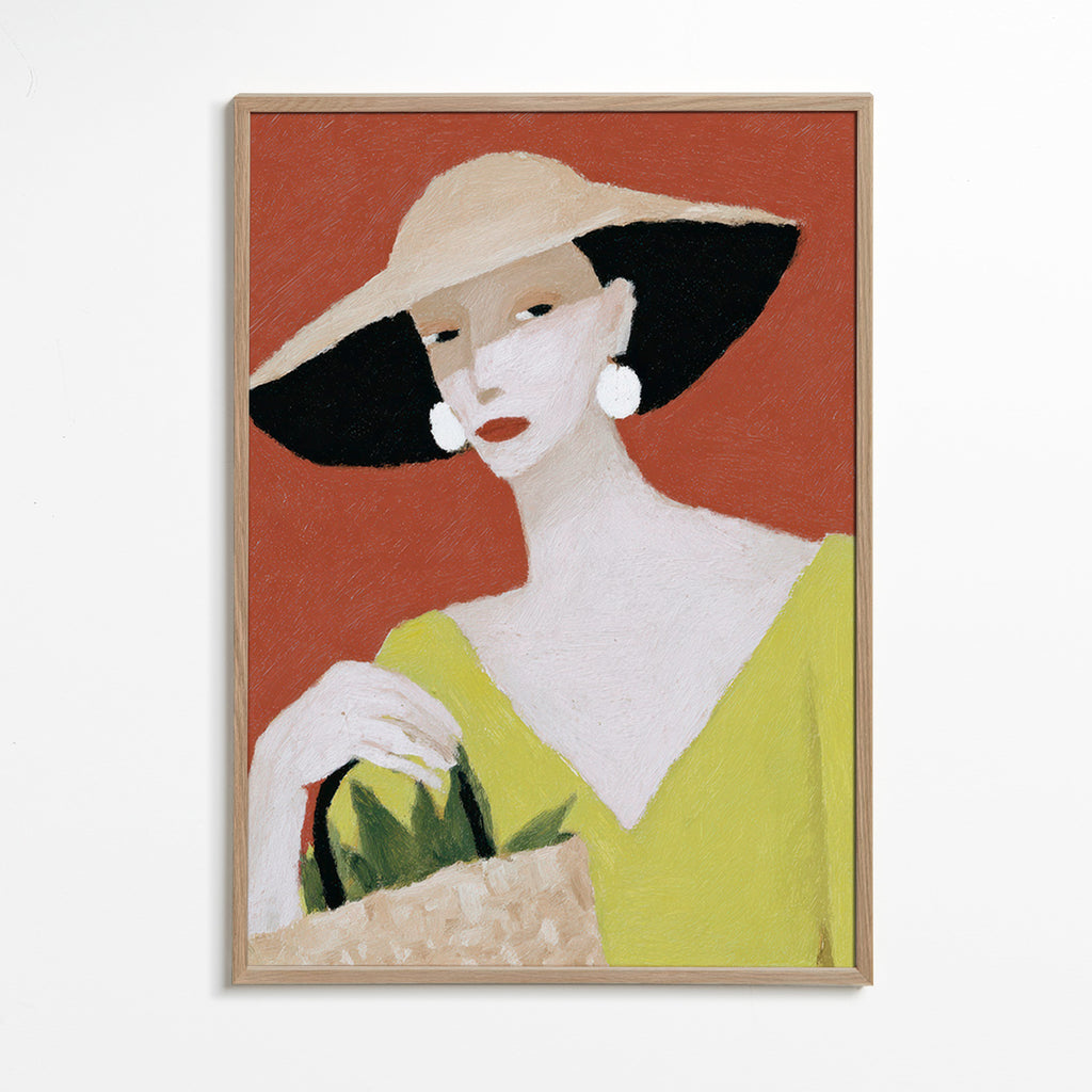Ilustración: mujer con sombrero y cesta – Oak Frame