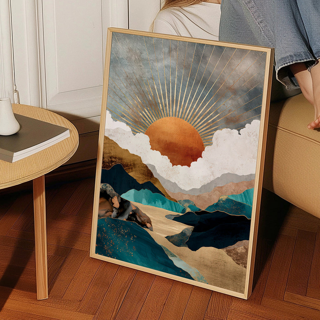 Landscape art: golden sun over abstract mountains