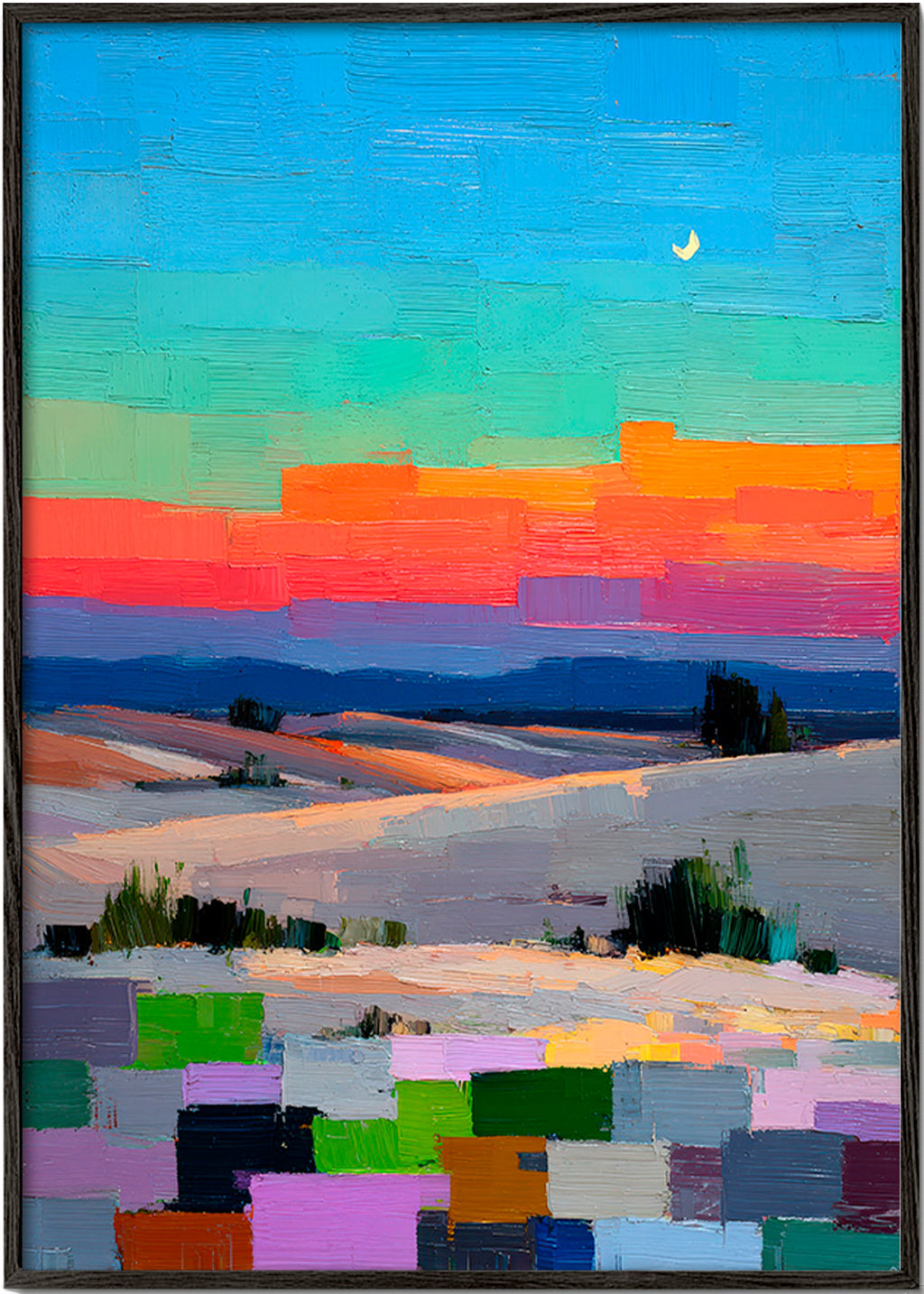Colorfield landscape art with moon