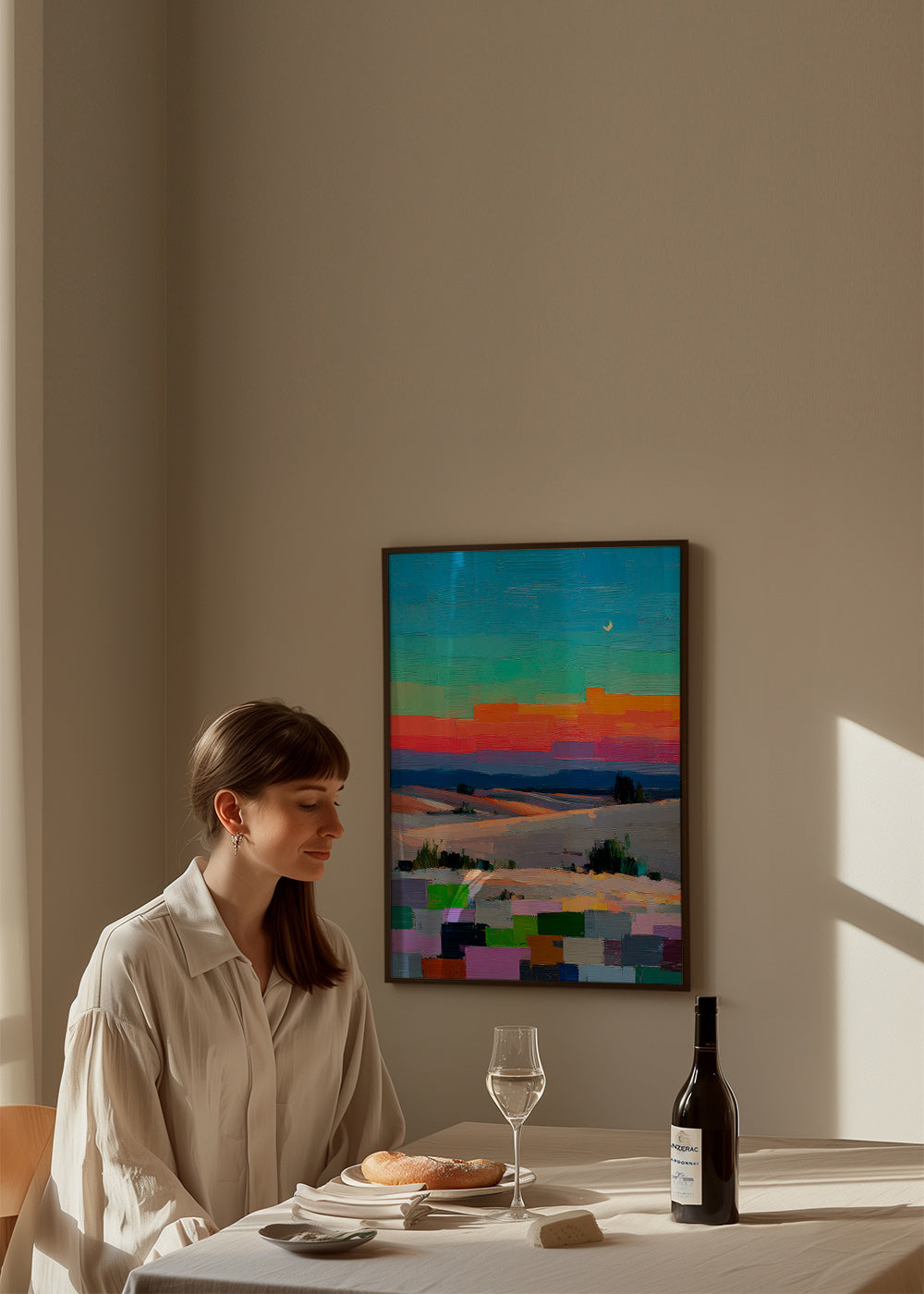 Colorfield landscape art with moon