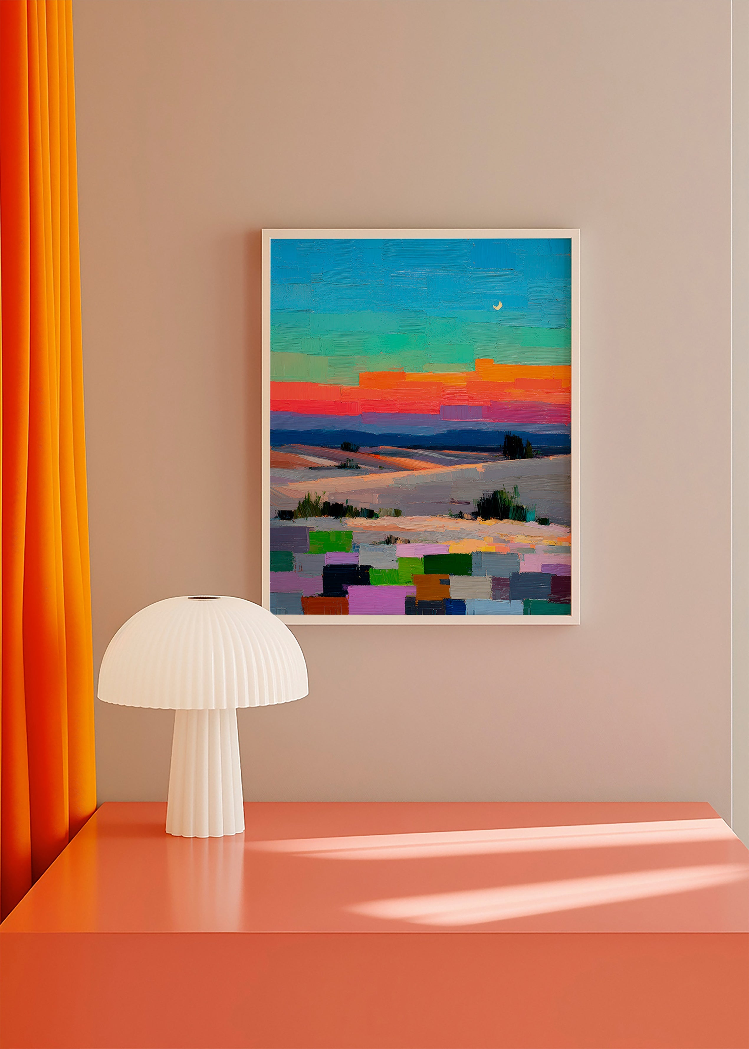 Colorfield landscape art with moon