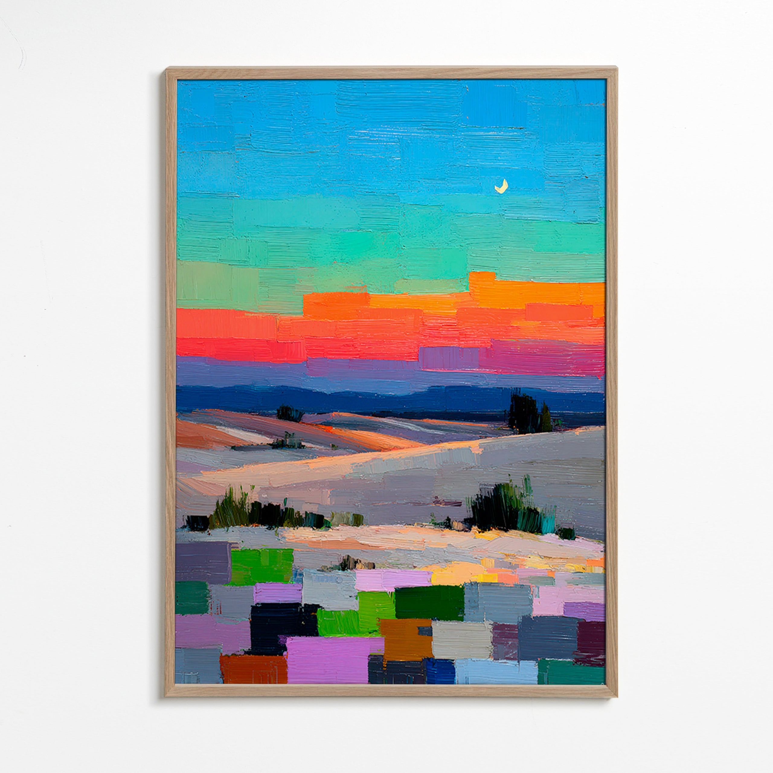 Colorfield landscape art with moon