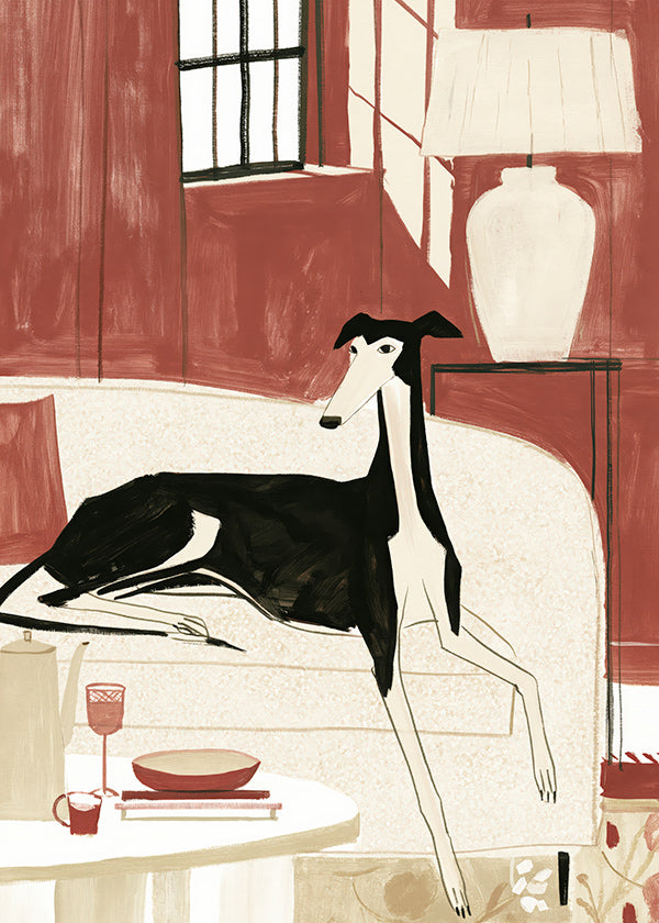 Whippet illustration on sofa