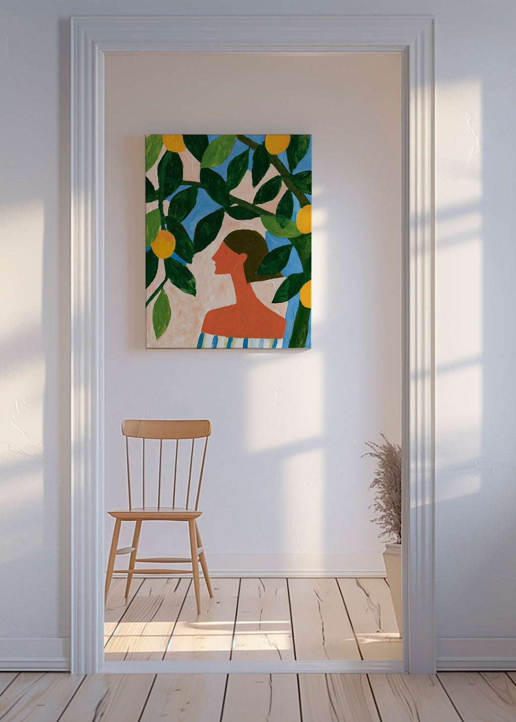 Botanical print with lemon branches and profile