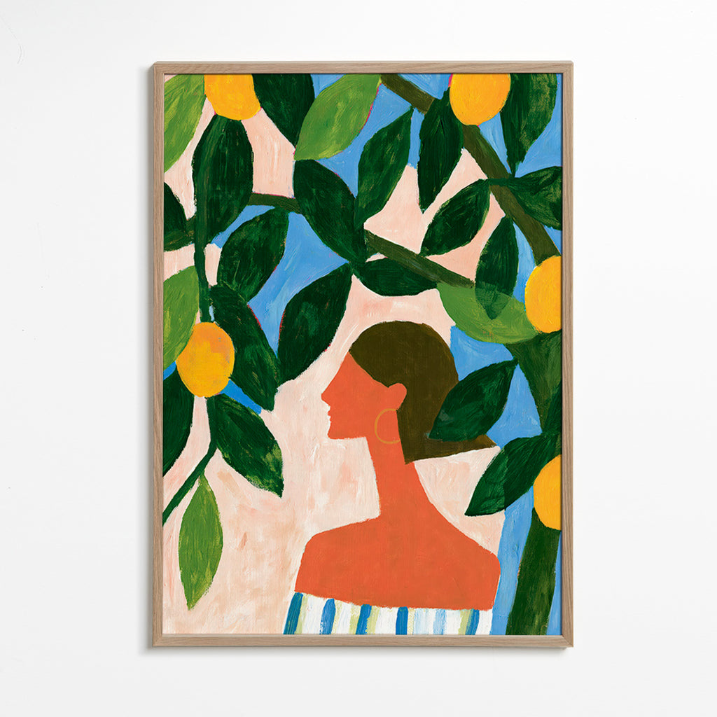 Botanical print with lemon branches and profile
