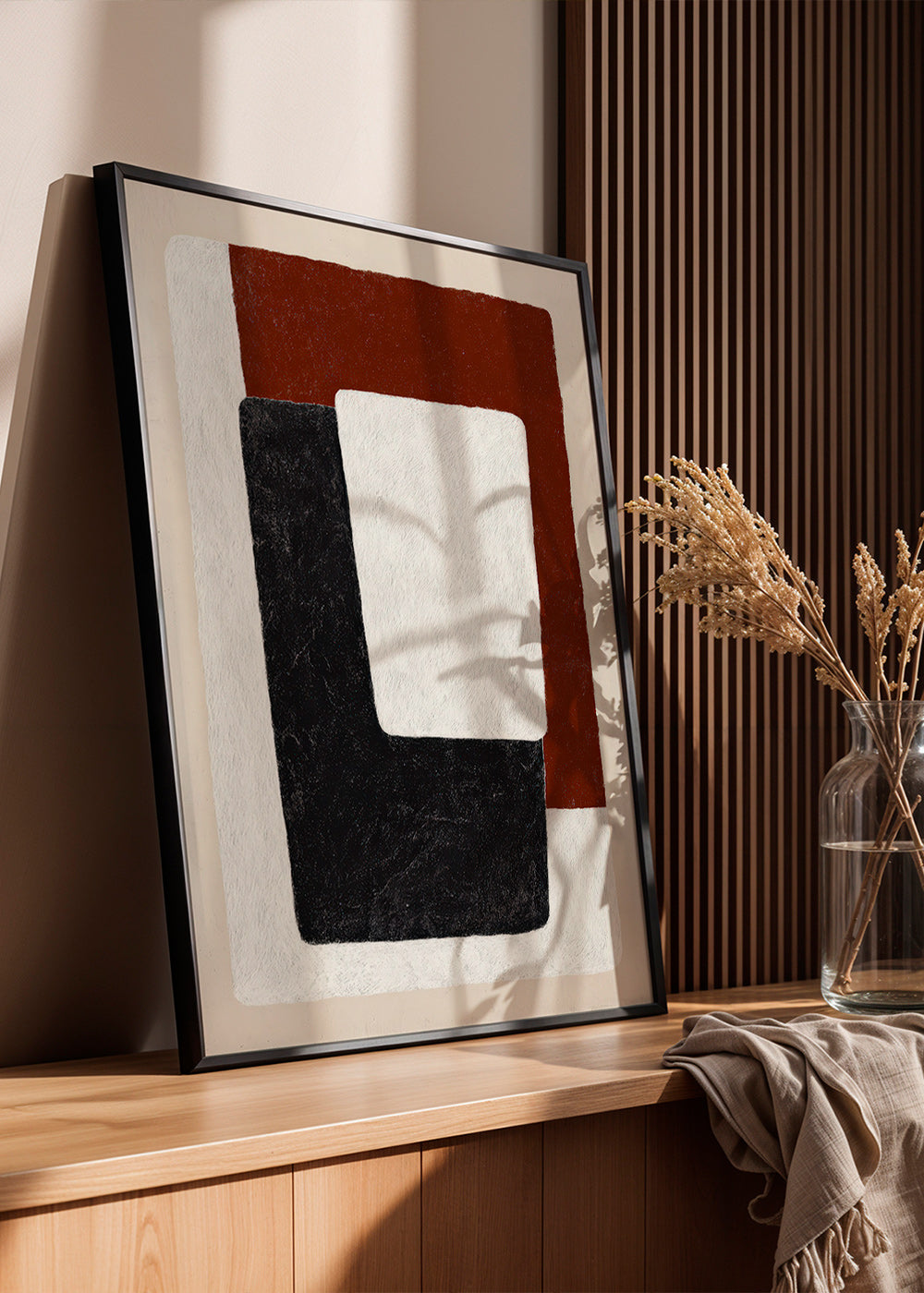 Abstract artwork terracotta and black blocks