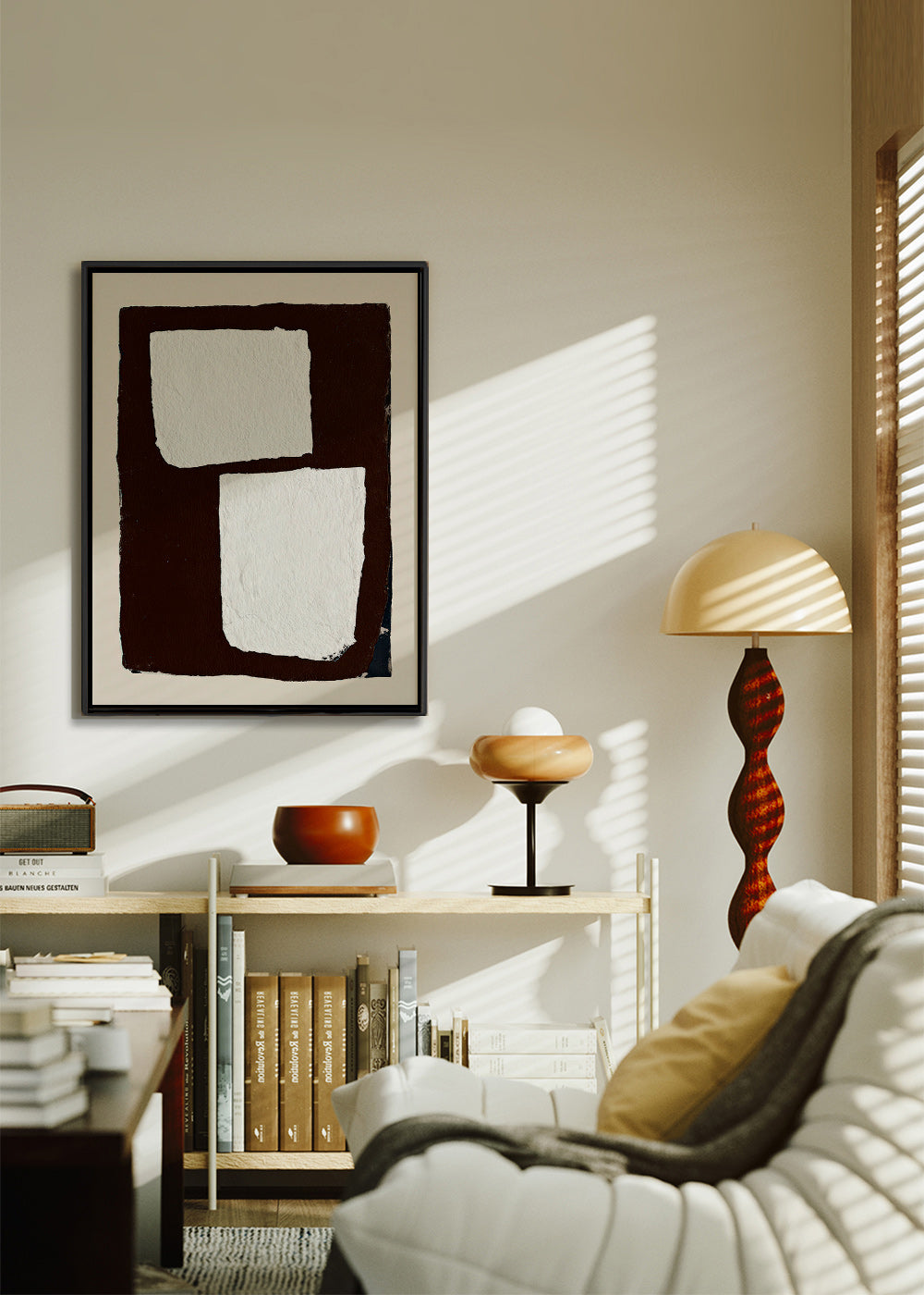 Abstract artwork in mocha with white blocks
