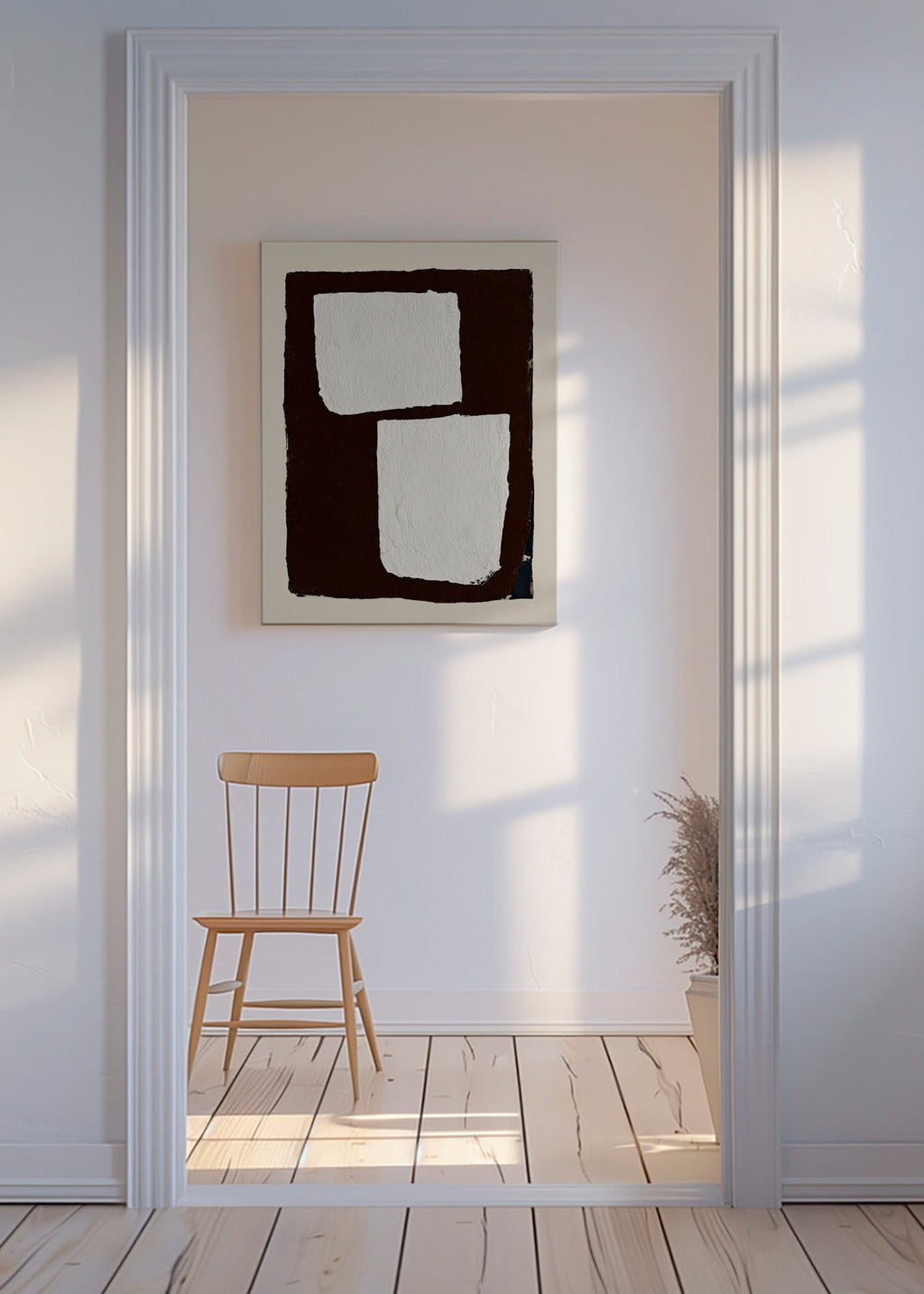 Abstract artwork in mocha with white blocks