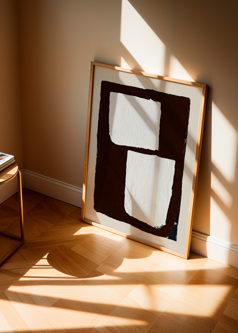 Abstract artwork in mocha with white blocks