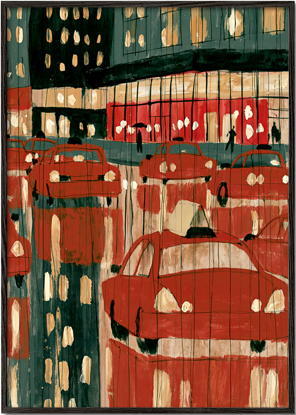 City art: red taxis with night reflections