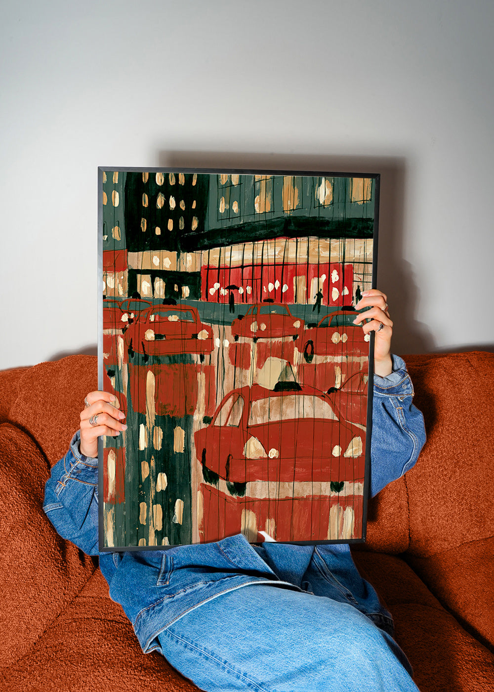 City art: red taxis with night reflections