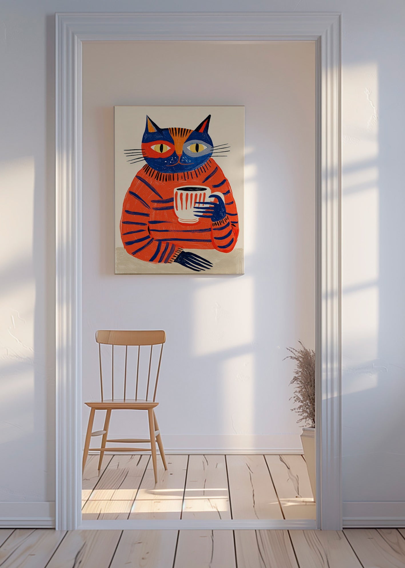 Kitchen art featuring coffee cat
