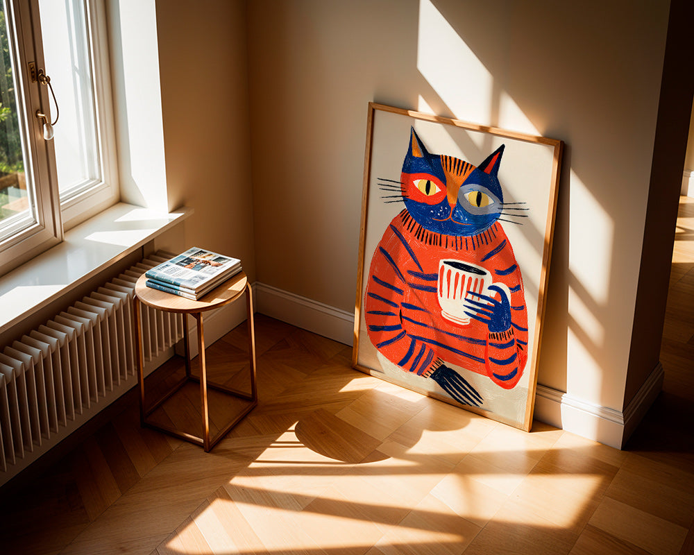 Kitchen art featuring coffee cat