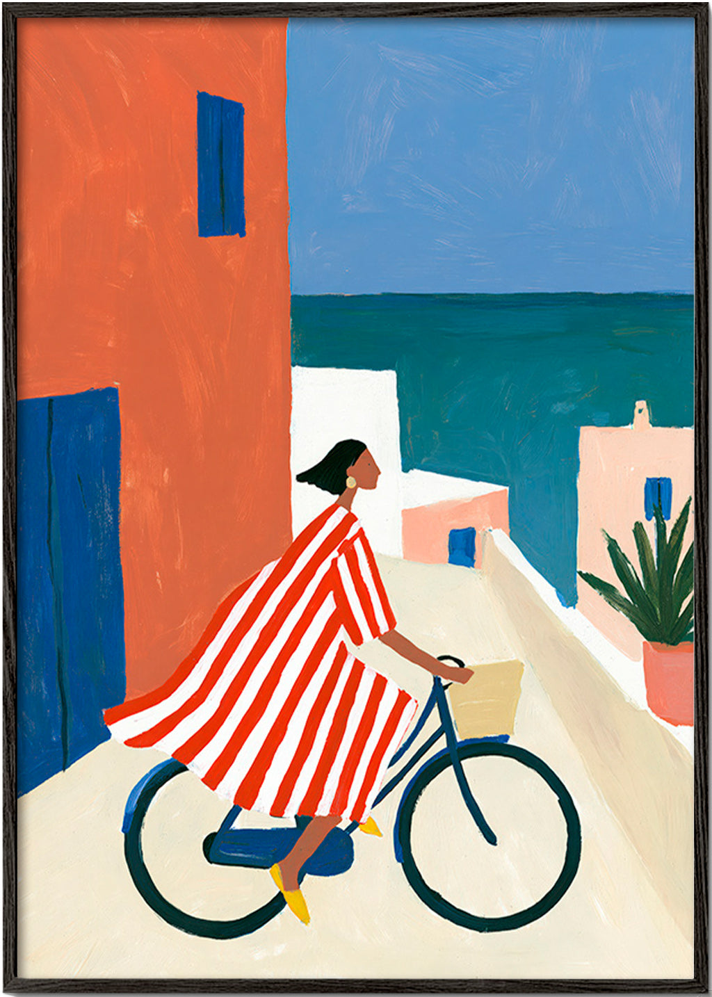 Landscape art with cyclist by the sea
