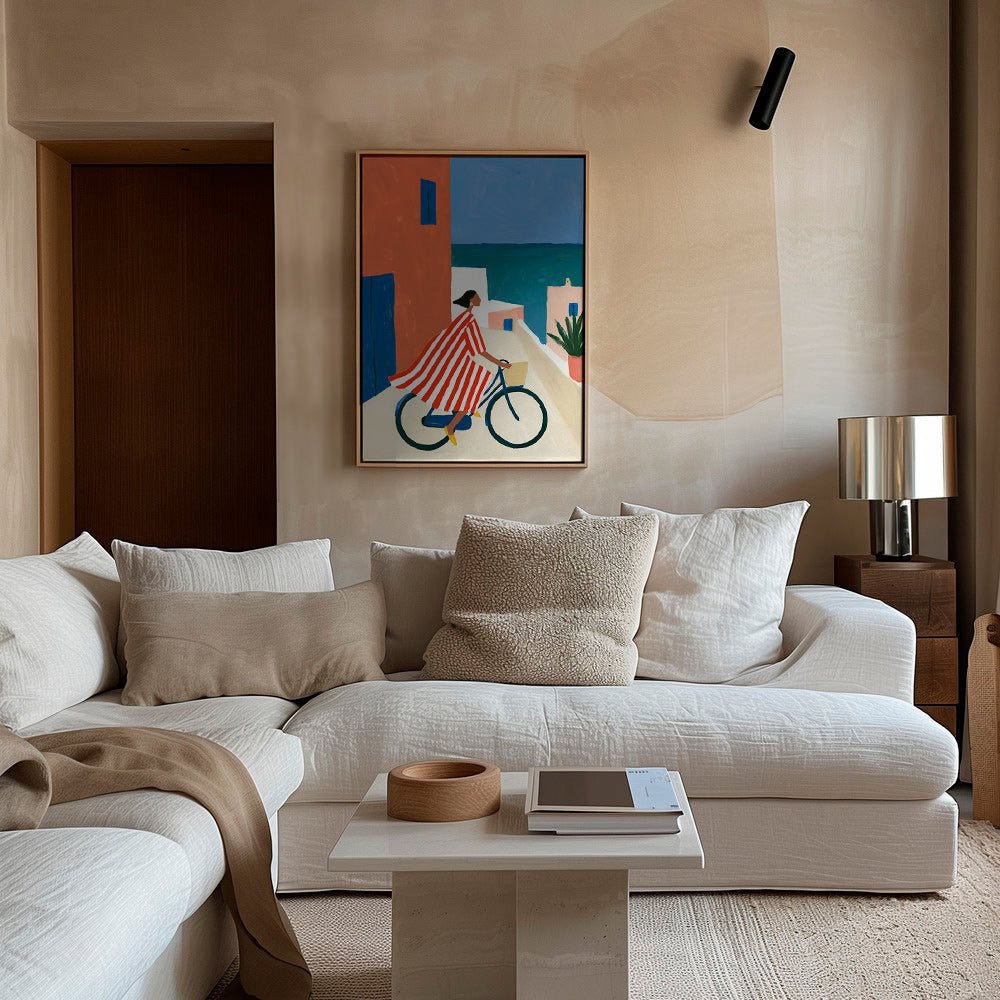 Landscape art with cyclist by the sea