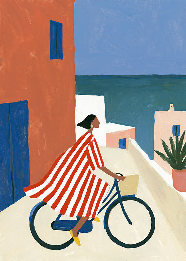 Landscape art with cyclist by the sea