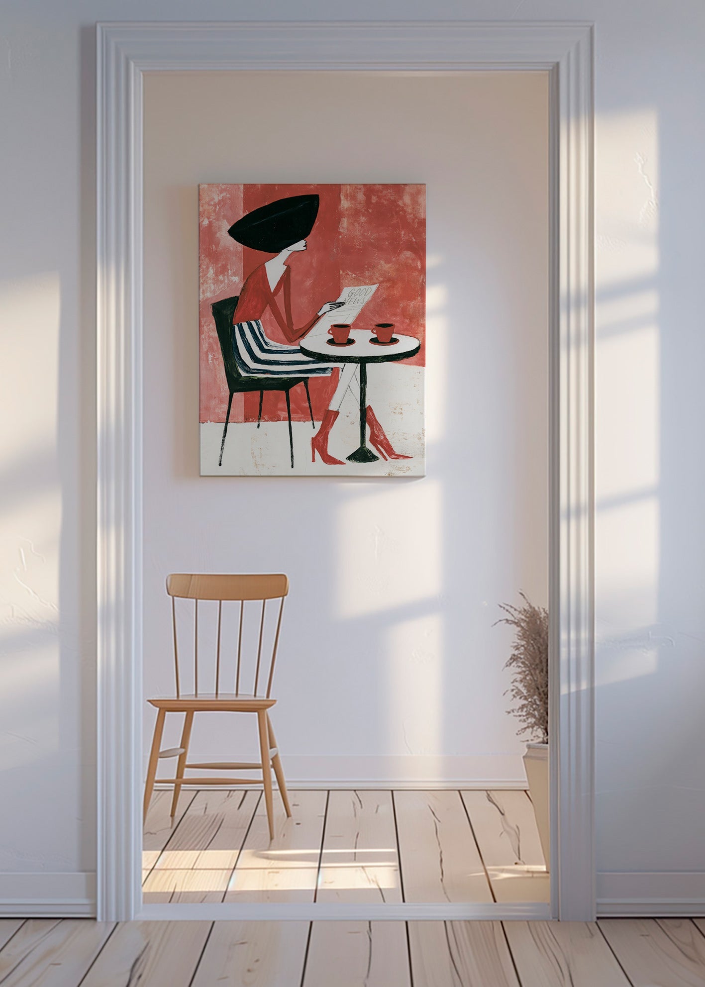 Kitchen art: woman with coffee