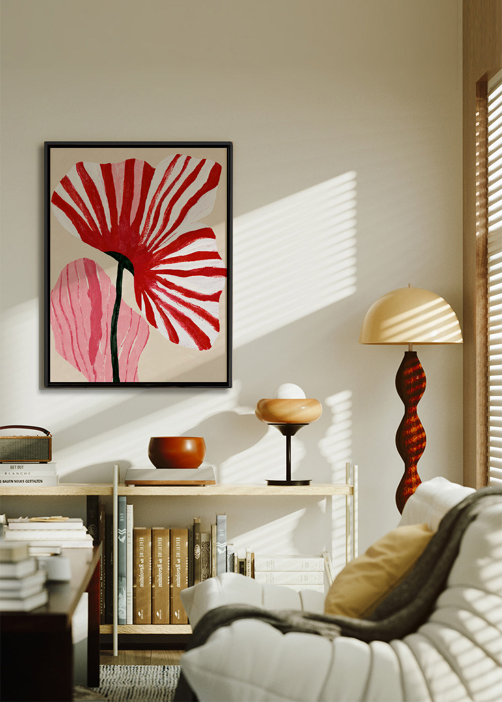 Botanical print with red striped petals