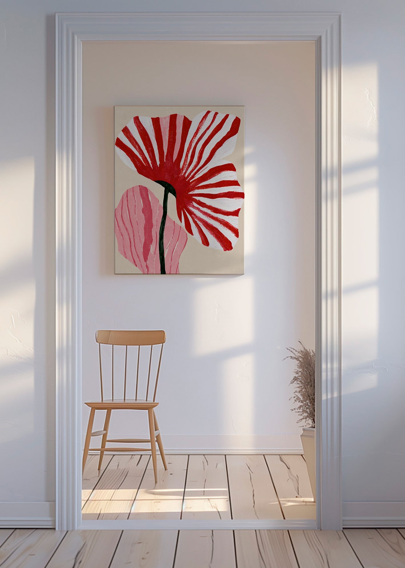 Botanical print with red striped petals