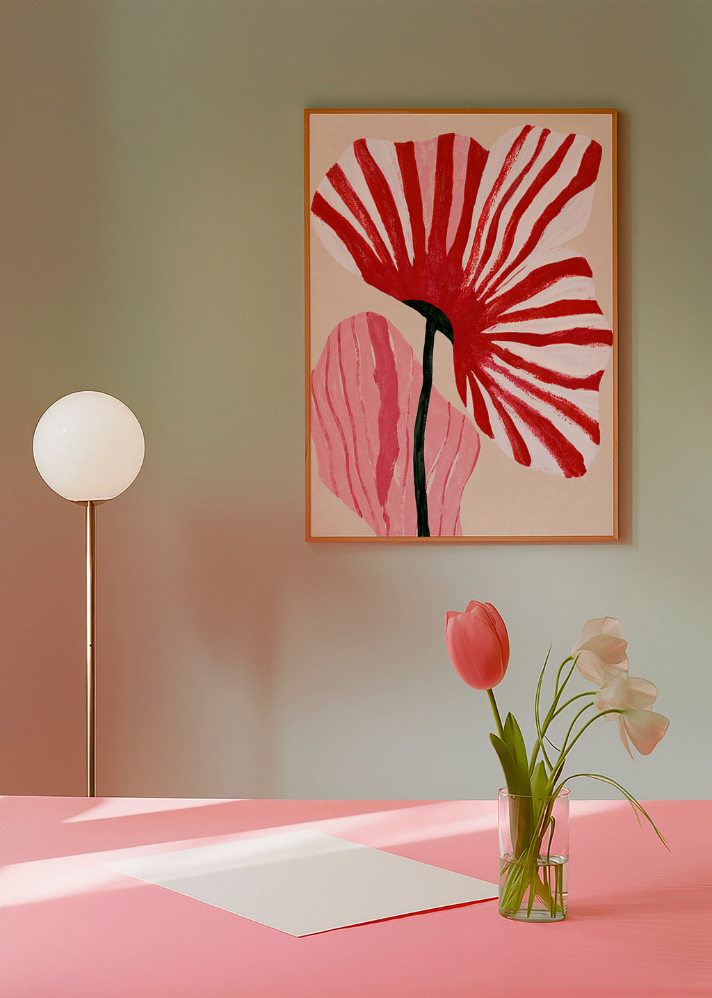 Botanical print with red striped petals
