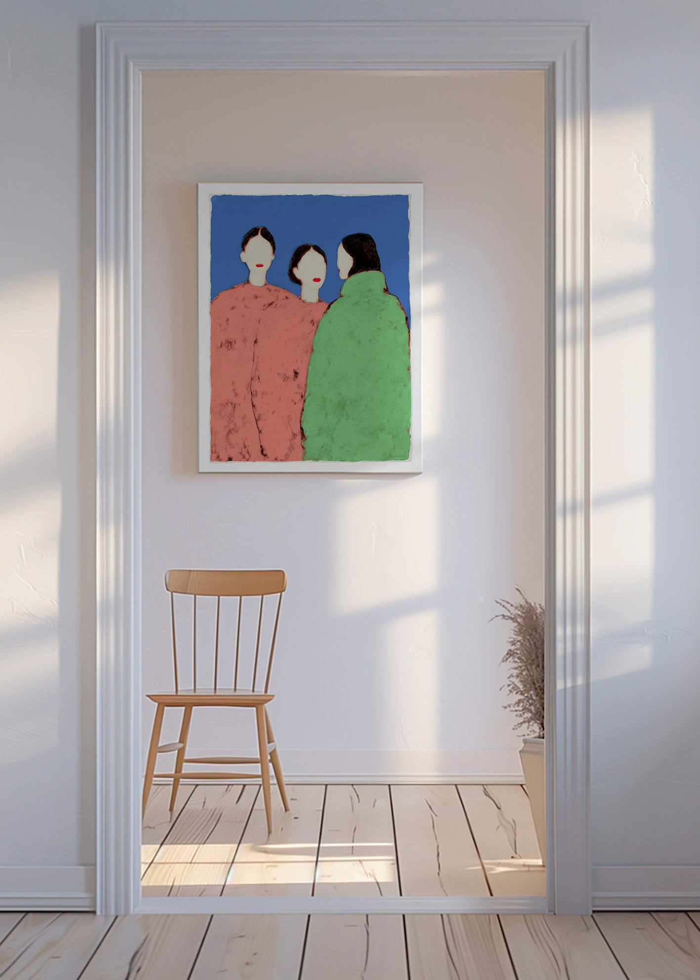 Illustration of three stylized figures on blue background
