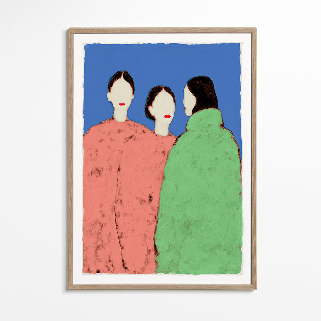 Illustration of three stylized figures on blue background