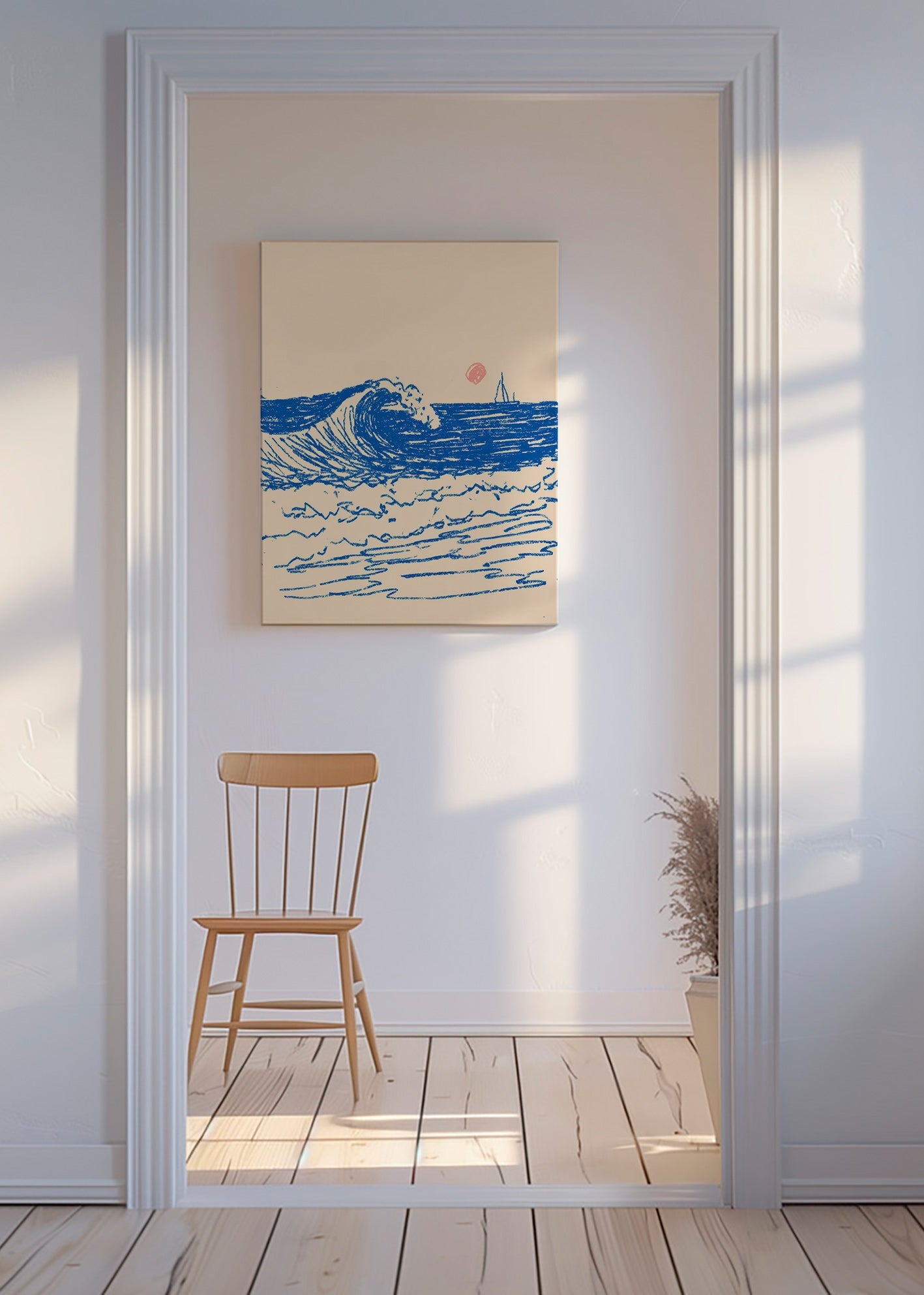 Landscape art with sketched wave and sailboat