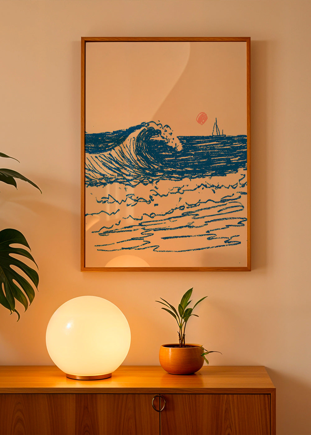 Landscape art with sketched wave and sailboat