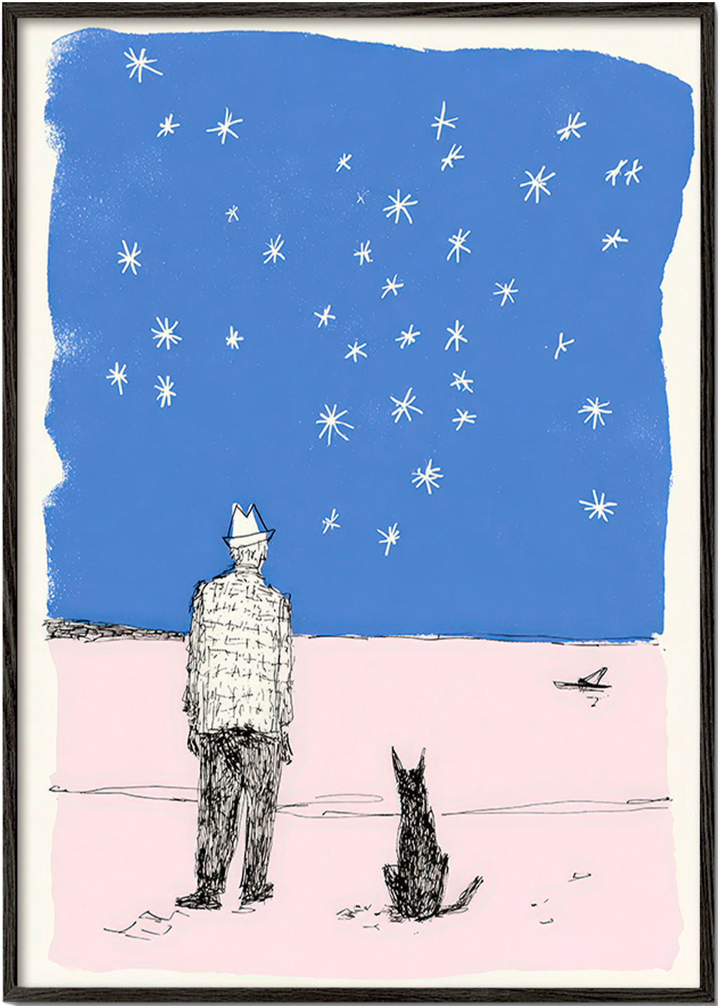 Illustration: man and dog under stars