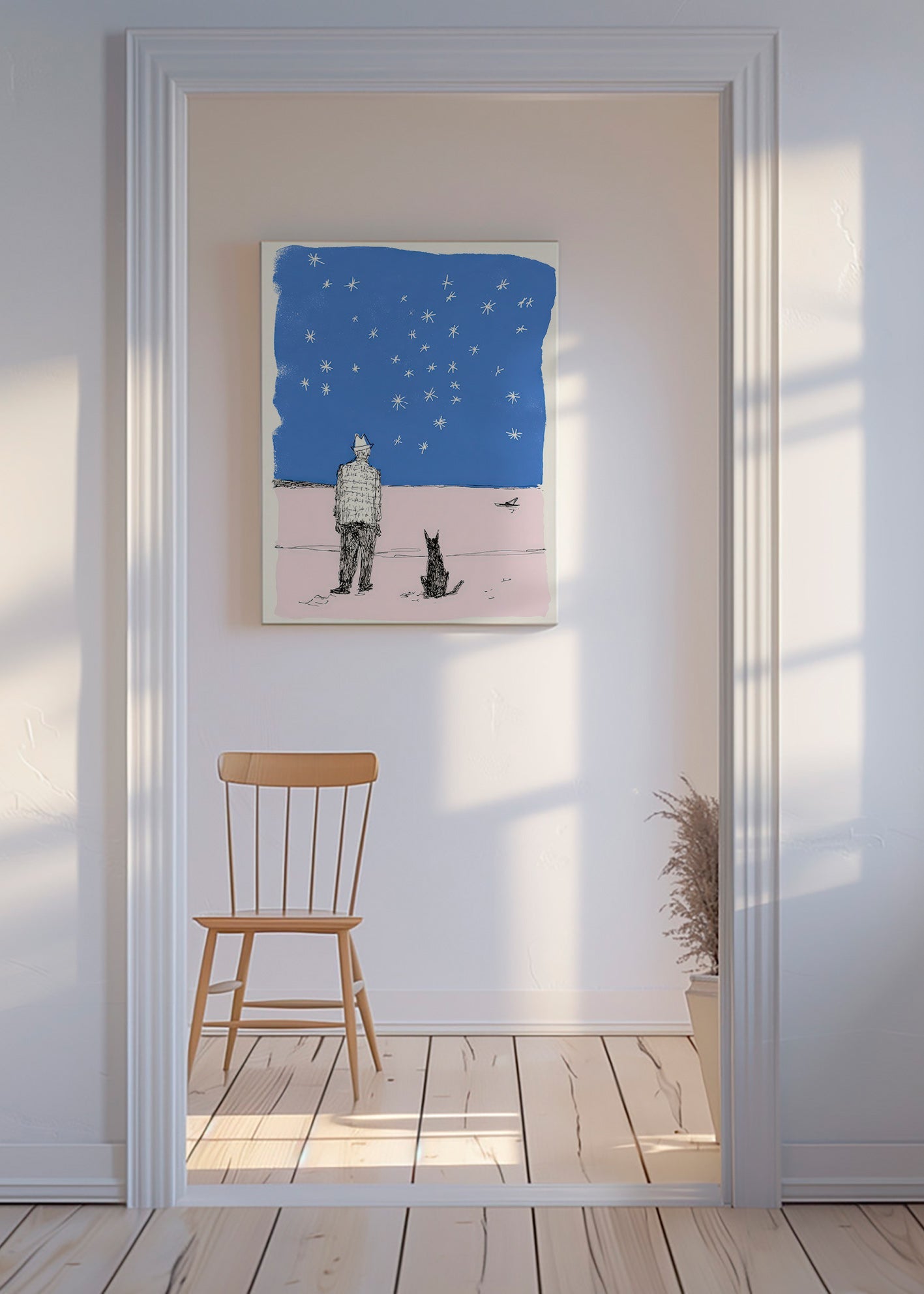 Illustration: man and dog under stars