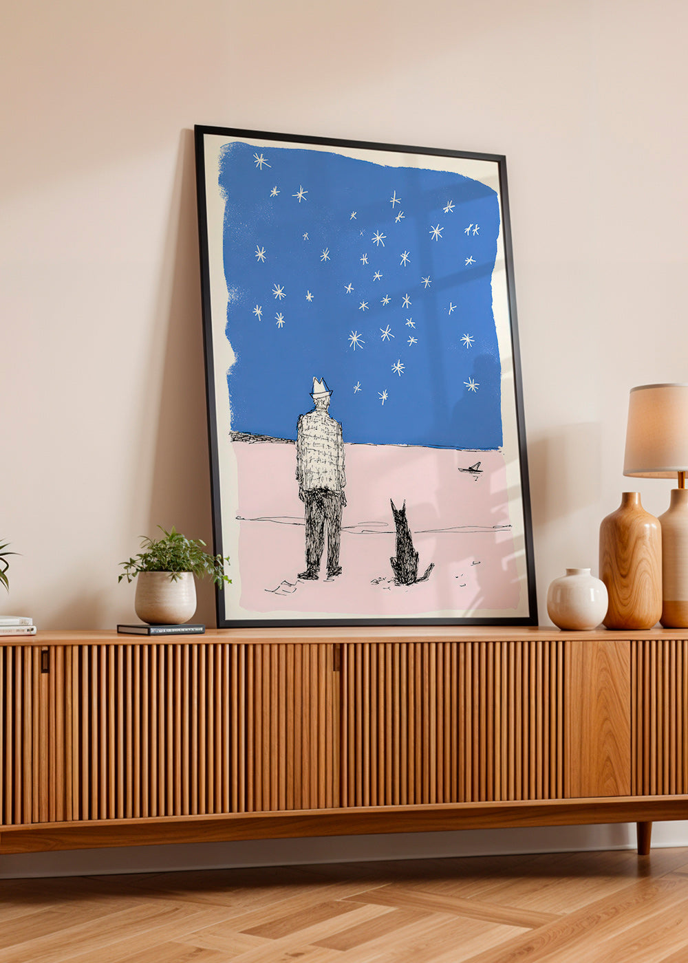 Illustration: man and dog under stars