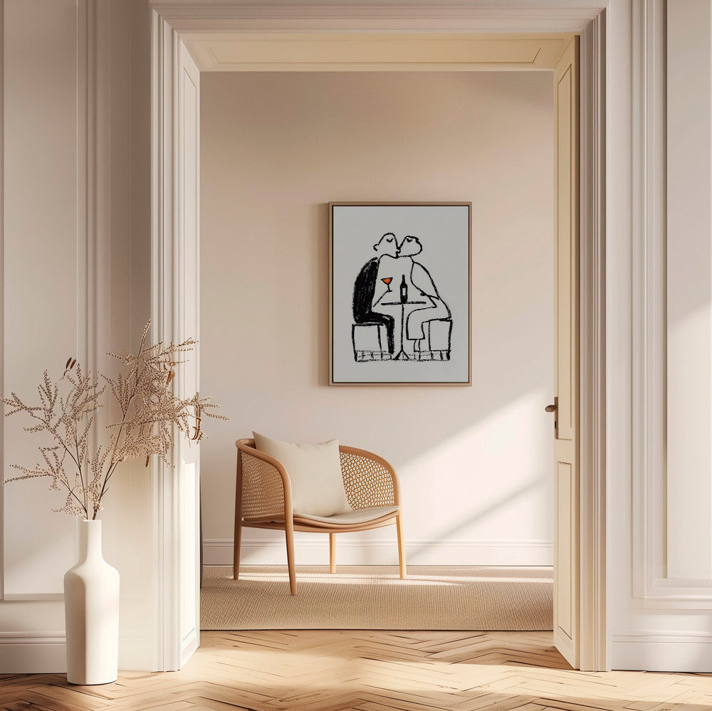 Kitchen art: couple sharing a wine
